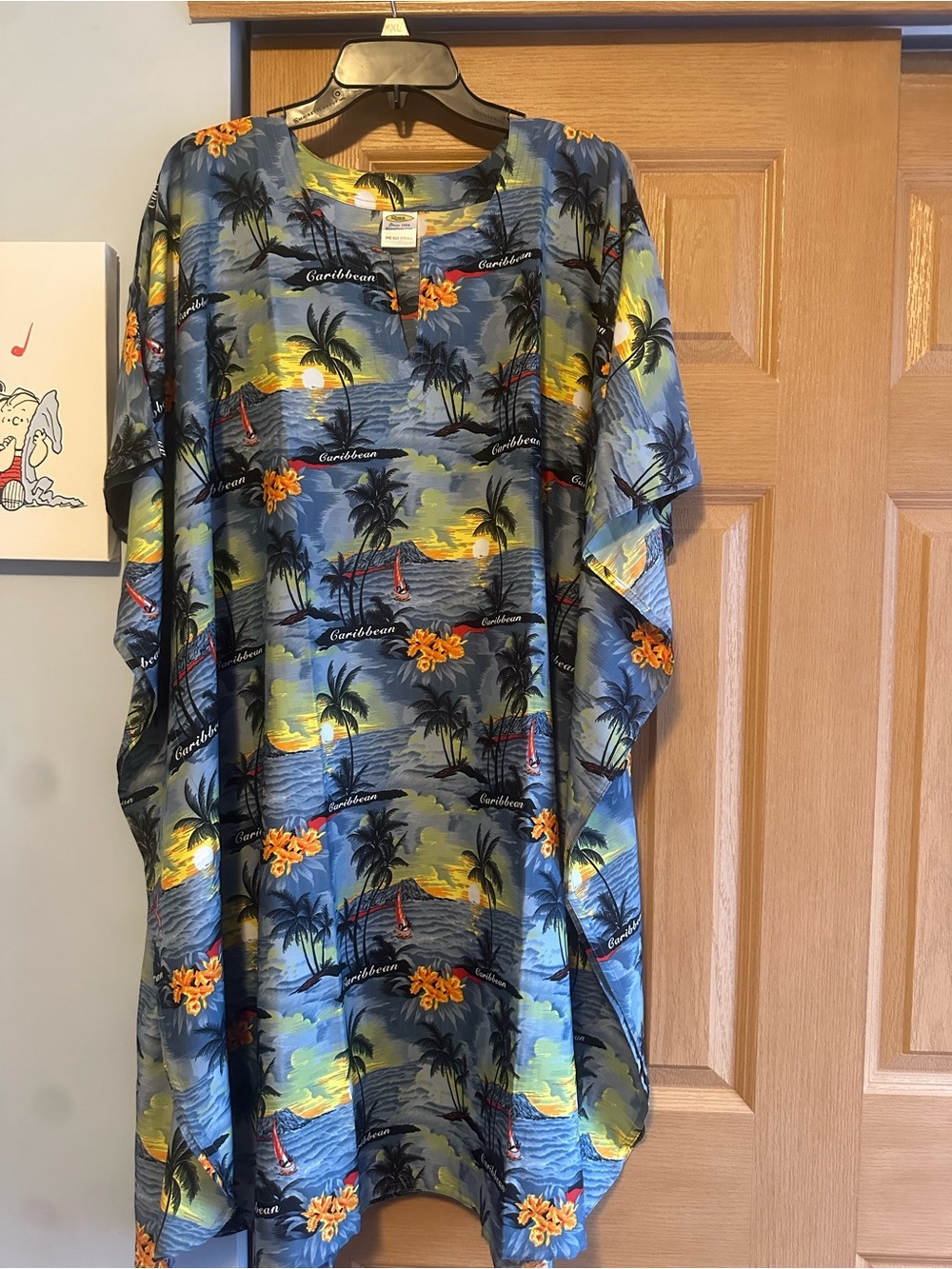 Caribbean Blue Tropical Print Swim Coverup with Orange Floral Accents